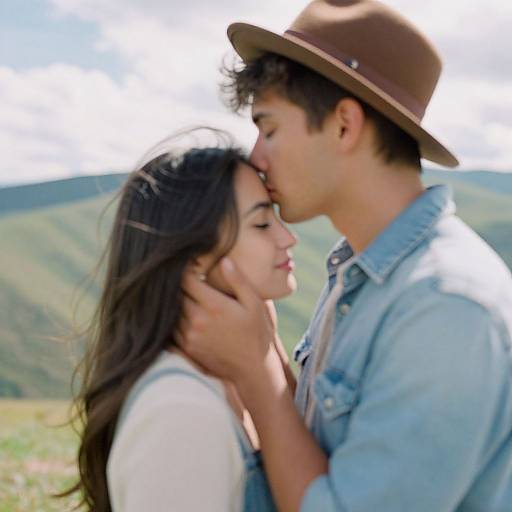 Photograph of a young couple in a tender kiss, outdoors with green hills in the background. He wears a brown hat and denim shirt; she has