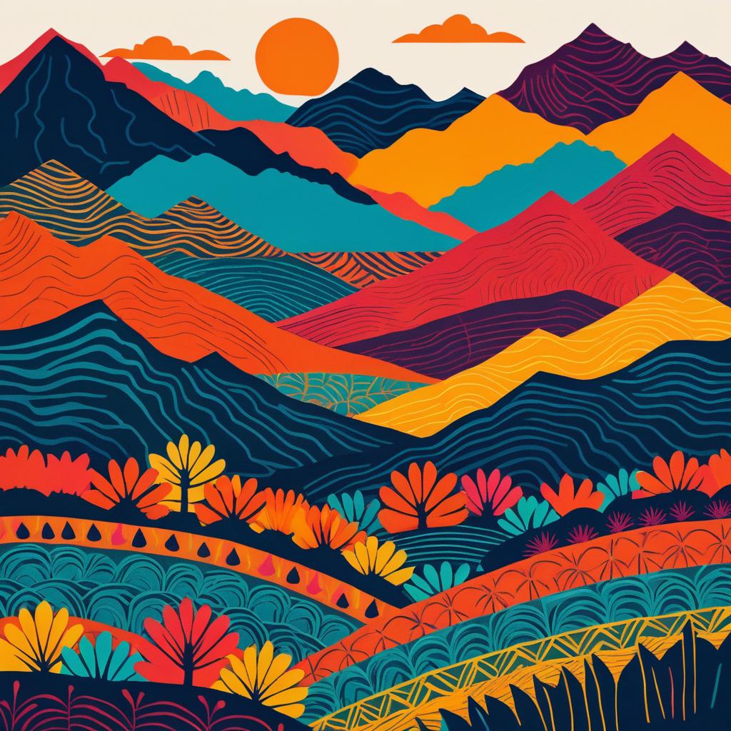 Frida-Inspired Mountain Range Linocut Art