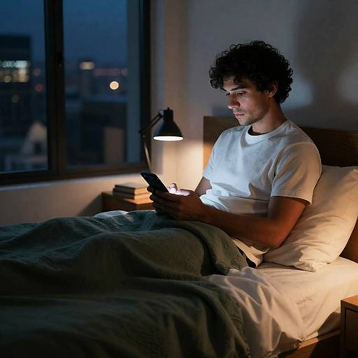 Man Using Smartphone in Bed at Night