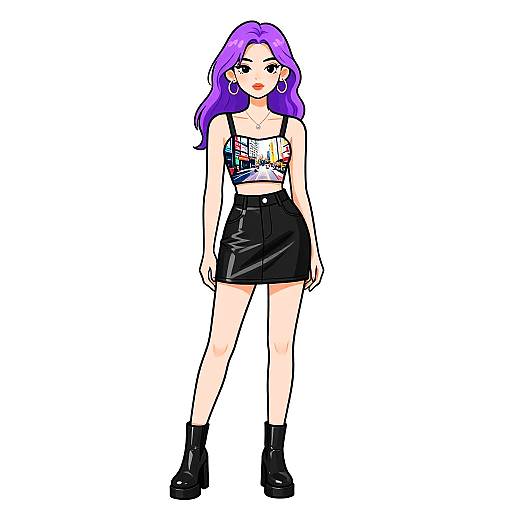 Digital illustration of a young woman with purple hair, wearing a colorful crop top, black high-waisted skirt, and black ankle boots, standing against