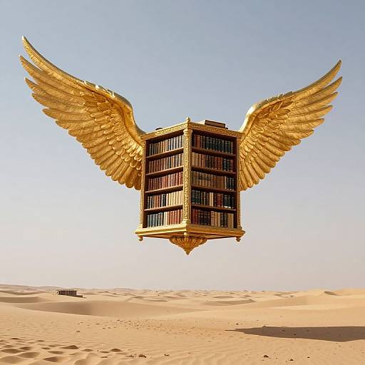 Golden-winged book-filled skyscraper floats in a desert under a clear blue sky. Photograph with surreal, fantasy elements.