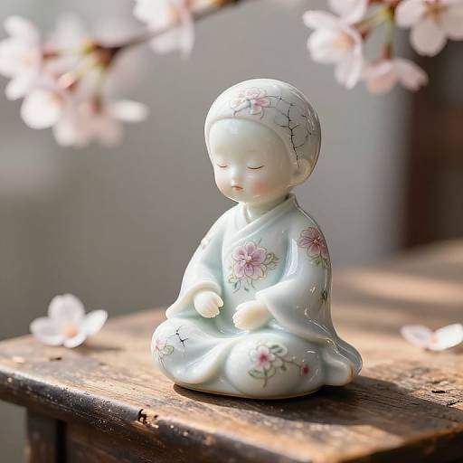Photograph of a delicate porcelain Buddha statue with floral patterns, seated in meditation on a wooden table, surrounded by softly blurred cherry blossoms.