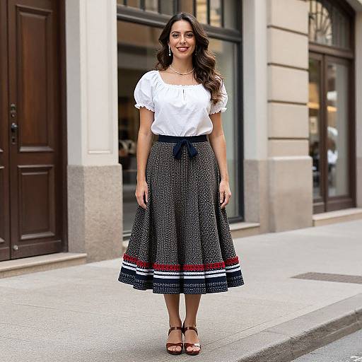 Photograph of a smiling woman with long brown hair, wearing a white blouse, black polka-dot skirt with red and white trim, and brown sandals