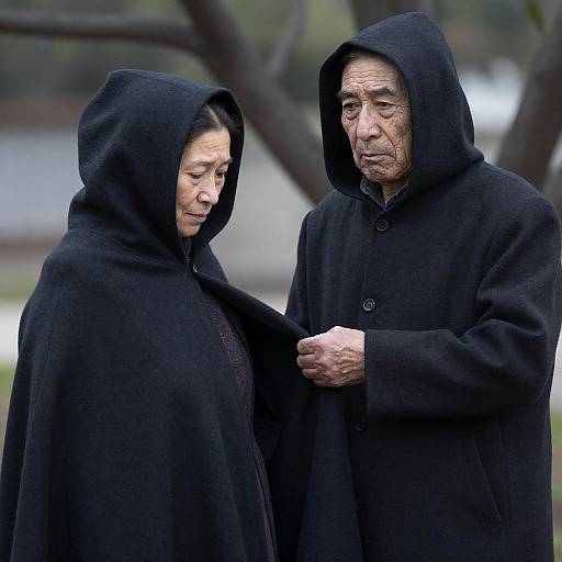 Elderly Couple in Dark Cloaks Outdoors