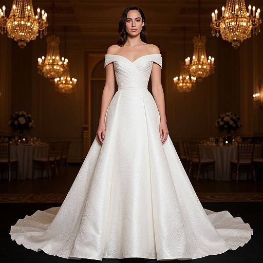 Photograph of a brunette woman in an off-the-shoulder, white, lace-embellished wedding gown, standing in an opulent ball