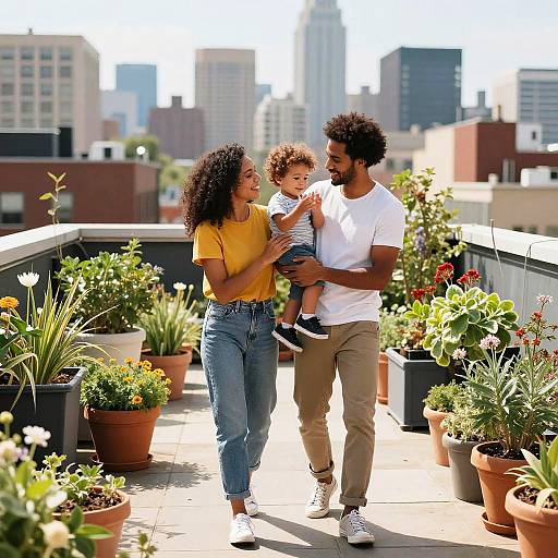 Sunlit Rooftop Family Garden Moment