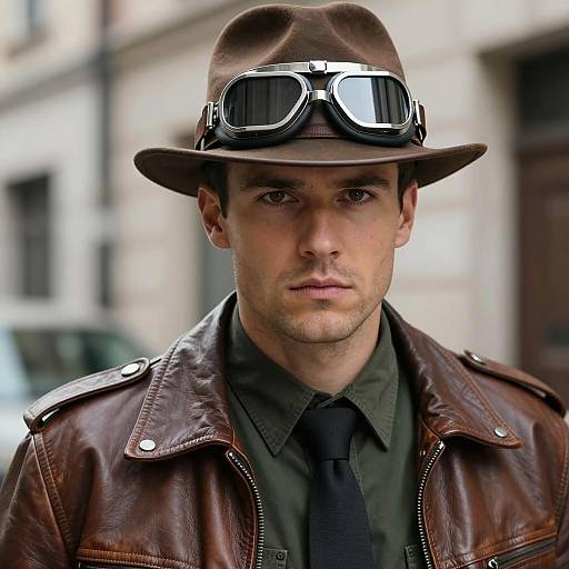 Man in Detective Outfit with Leather Fedora and Goggles