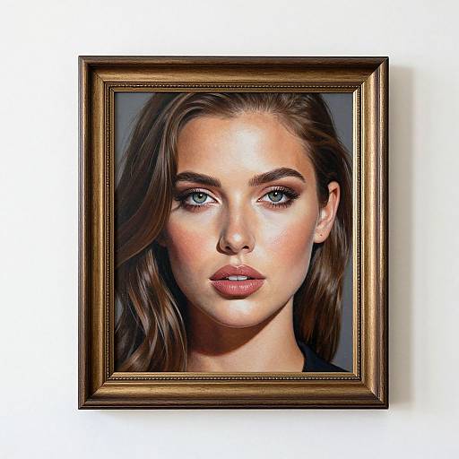 Photorealistic portrait of a beautiful woman with blue eyes, full lips, and wavy brown hair, framed in a gold frame.