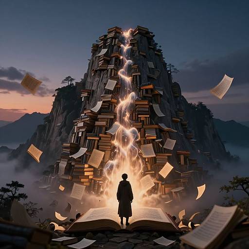 Digital art: Silhouetted figure stands before towering mountain of floating, glowing books, illuminated by fiery, cascading light, twilight sky backdrop.