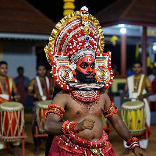 Photograph of a muscular Indian dancer in vibrant red and gold traditional attire with elaborate headpiece, adorned with beads, performing in front of drummers.