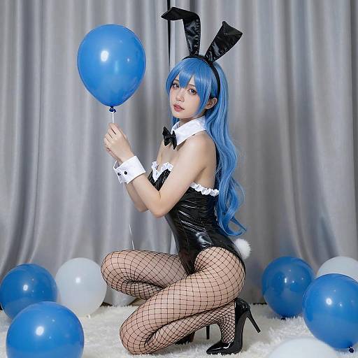 Blue-Haired Bunny Girl with Balloons
