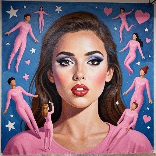 Digital pop art portrait of a woman with red lipstick, blue eyeshadow, and pink outfit, surrounded by floating pink-clad figures against a blue