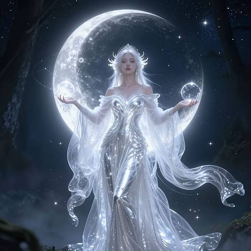 Digital art of a glowing, ethereal woman in a translucent, flowing white gown, holding a crystal sphere, against a starry night sky with a