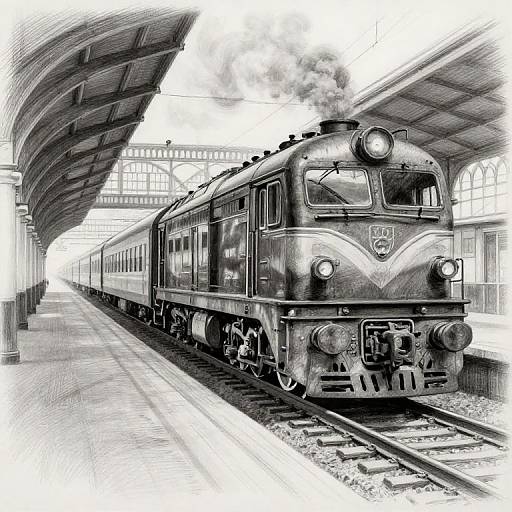 Black-and-white digital drawing of a vintage steam locomotive under a curved roofed train station, emitting smoke, with a long passenger car behind it on