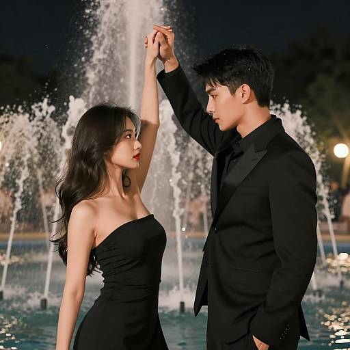 Romantic Dance by the Fountain at Night