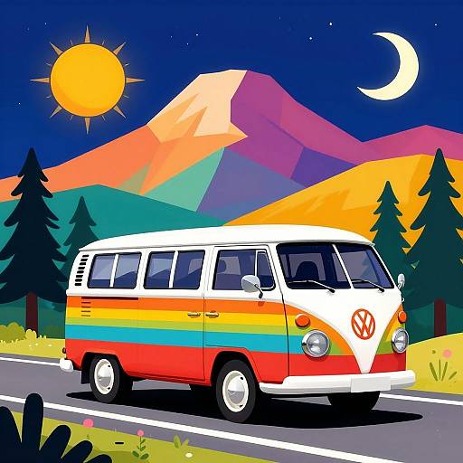 Vibrant digital illustration of a retro VW van with rainbow stripes on a mountain road, under a sunny sky with a crescent moon.