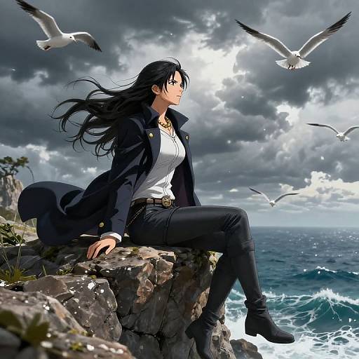 Digital anime-style artwork of a black-haired woman in a navy coat and white shirt, sitting on a rocky cliff, overlooking a stormy ocean with se