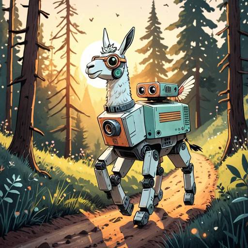 Robot Llama and Hummingbird in Forest