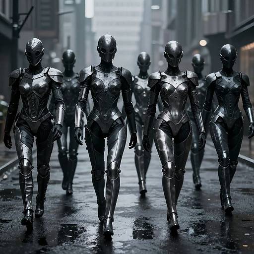 Photograph-style CGI: Five metallic, humanoid robots with sleek, armored bodies walk down a wet, urban street at night, reflecting city lights.