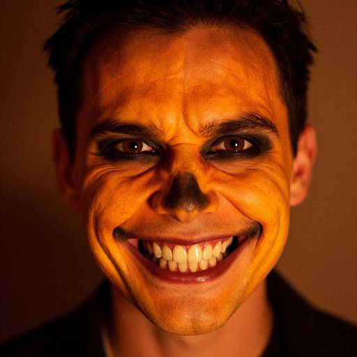 Close-up photograph of a man with intense, menacing smile, exaggerated facial features, and dramatic orange lighting, creating a sinister expression.