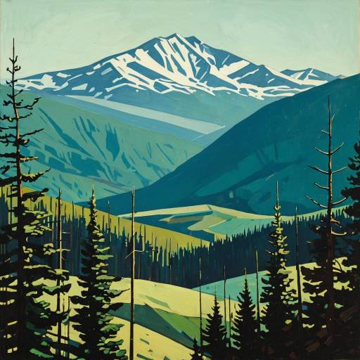 Geometric Mountain Forest Landscape Painting