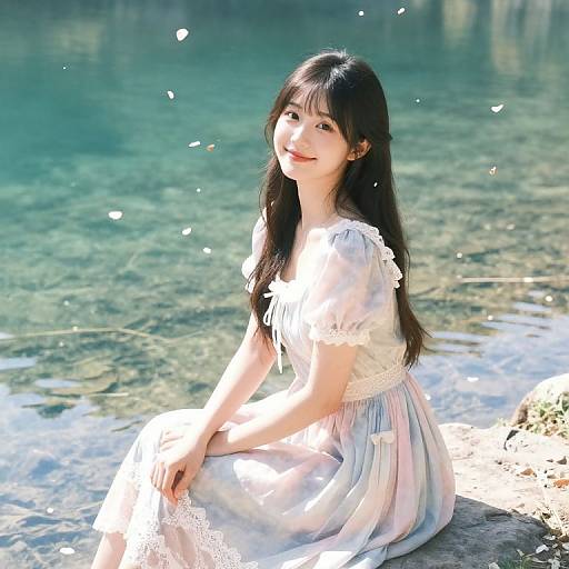Photograph of an Asian woman with long black hair, wearing a white, lace-trimmed dress, sitting by a clear, sunny lake.