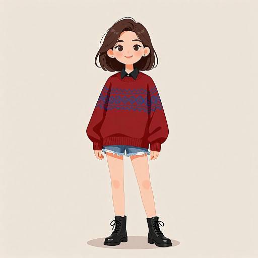 Digital anime-style drawing of a young girl with medium-length brown hair, wearing a red sweater, blue denim shorts, and black lace-up boots, standing