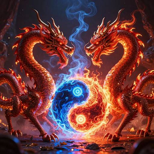 Digital artwork of two fiery red, dragon-like creatures with fierce expressions, facing each other with a glowing blue and white orb between them, surrounded by intense