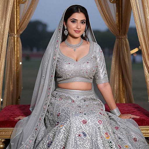 Photograph of a beautiful Indian woman in a silver sequined lehenga and choli, adorned with jewelry, sitting on a red velvet bench, with
