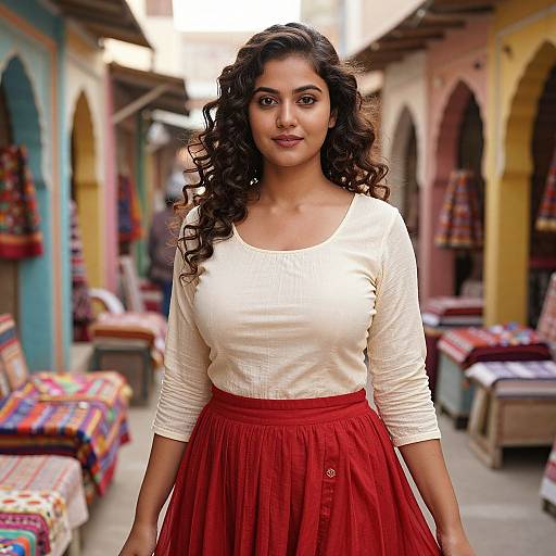 Photograph of a beautiful Indian woman with dark curly hair, wearing a white long-sleeve top and red skirt, standing in a colorful, ar