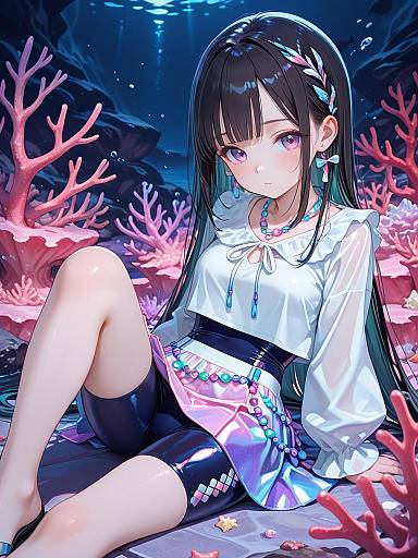 Anime Girl in Long Sleeve Iridescent Swimsuit