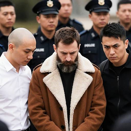 Three Men Surrounded by Onlookers