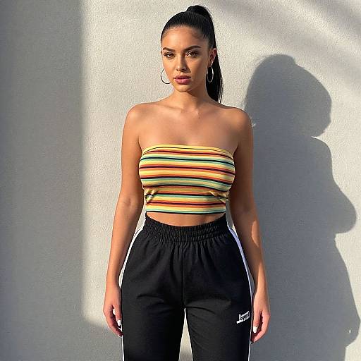 Photograph of a young woman with tan skin, black hair in a high ponytail, wearing a striped strapless top and black pants, standing against