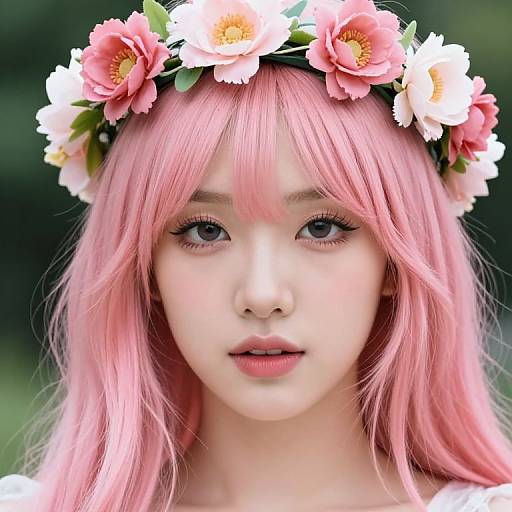 Close-up photograph of a young Asian woman with pink hair, wearing a floral headband with pink and white flowers, soft makeup, and a white top
