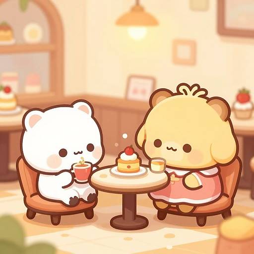 Cute chibi-style drawing of two anthropomorphic bears, one white and one yellow, sitting at a café table with a cake and drinks, in