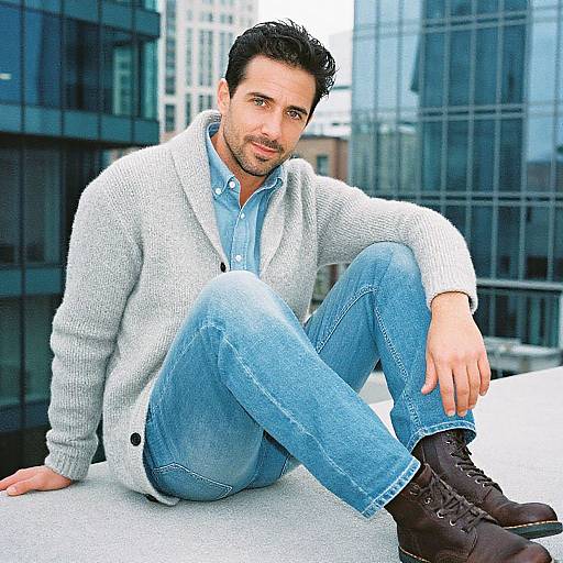 Photograph of a handsome, dark-haired man with light beard, wearing a white cardigan, light blue jeans, and brown boots, seated on a