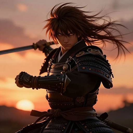 Silhouetted samurai with wild hair, intense expression, holding a sword, against a dramatic orange sunset sky, wearing detailed armor. Digital art