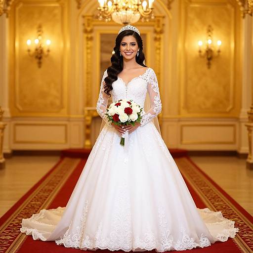 Photograph of a smiling bride in a white lace wedding dress with long sleeves, holding a bouquet, standing in an ornate, golden room.