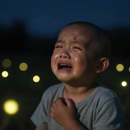 Bald Kid Crying Beneath Glowing Night Sky