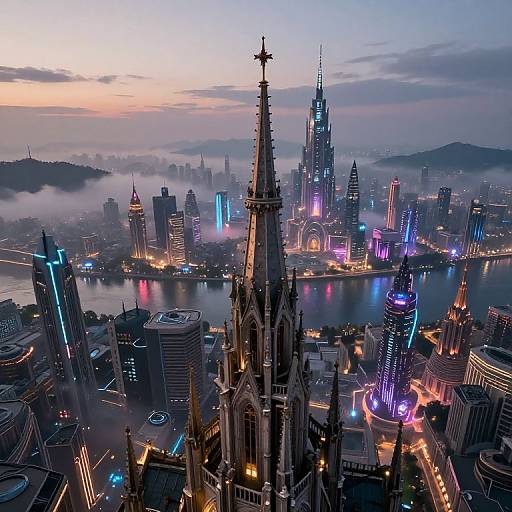 Aerial photograph of a futuristic cityscape at twilight, featuring illuminated skyscrapers, a prominent Gothic spire, and a river with reflections. Neon