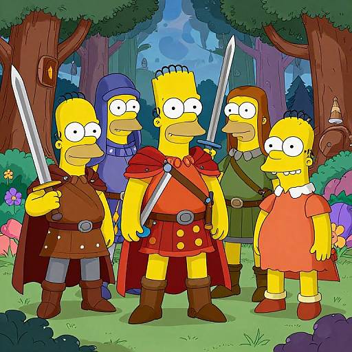 Cartoon image of four yellow-skinned Simpsons characters in medieval armor and cloaks, standing in a colorful forest with swords and flowers.