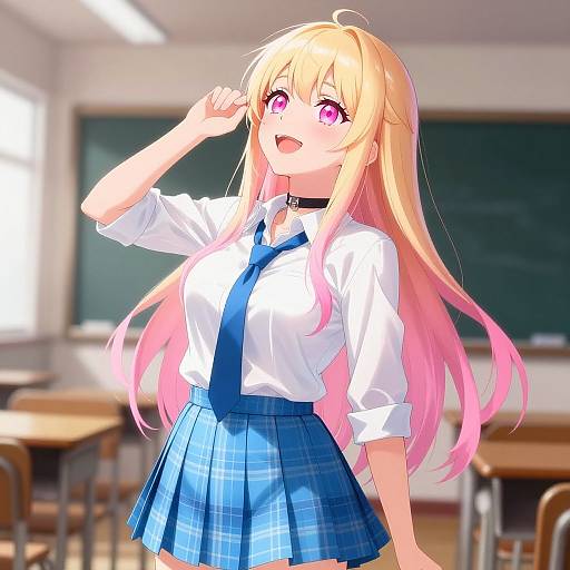 Anime-style digital drawing of a blonde girl with pink-tipped hair, pink eyes, wearing a white shirt, blue tie, and blue plaid skirt