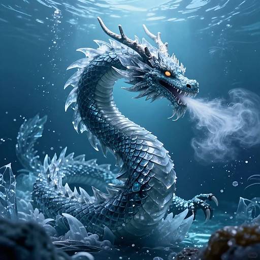 Digital art of a fierce, blue-scaled dragon with glowing orange eyes, exhaling mist, underwater in a bright, luminous blue environment.