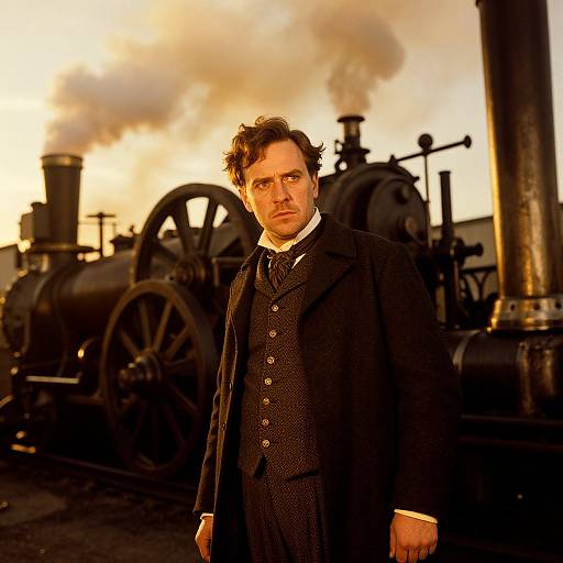 Photograph of a serious, middle-aged white man with dark hair in 19th-century black suit, standing in front of a steam locomotive at