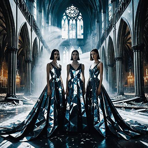 Futuristic Twins in Metallic Gowns in Gothic Cathedral