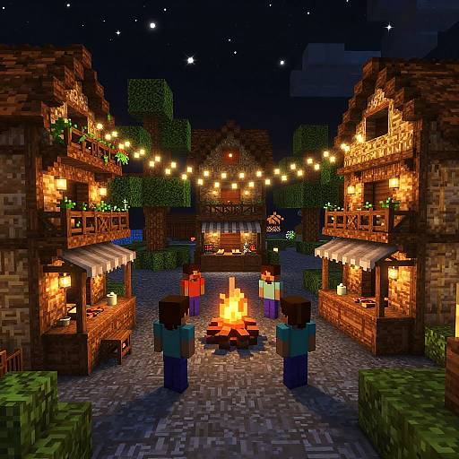 Minecraft Nighttime Town Square Scene