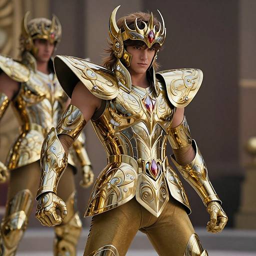 Photograph of a muscular, tan-skinned man with long brown hair, wearing elaborate gold armored suit with red gemstones, and horned helmet,