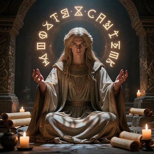 Photograph-like CGI of a blonde woman in ancient robes, sitting cross-legged with hands raised, glowing runes behind her, surrounded by candles and scrolls.
