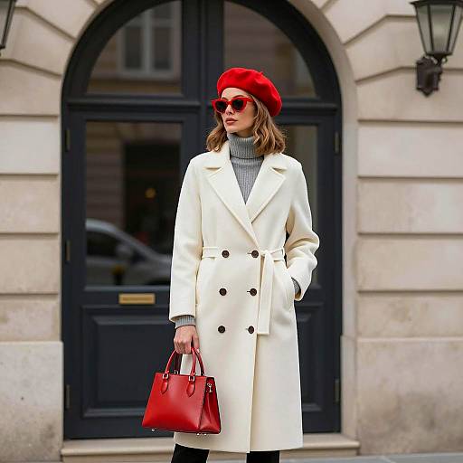 Woman in White Coat with Red Accessories