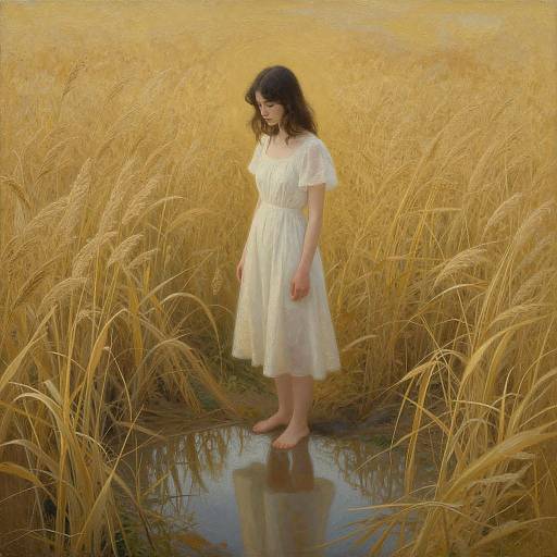 Young woman in white dress and bare feet standing in shallow pond, surrounded by golden wheat field, looking down, painting style.